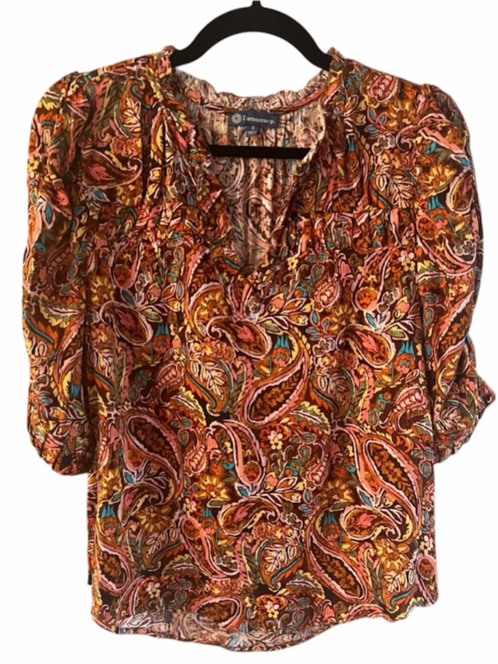 NWT Democracy Paisley V-Neck Boho Flowy Blouse 3/4 Sleeve Small - Picture 2 of 4